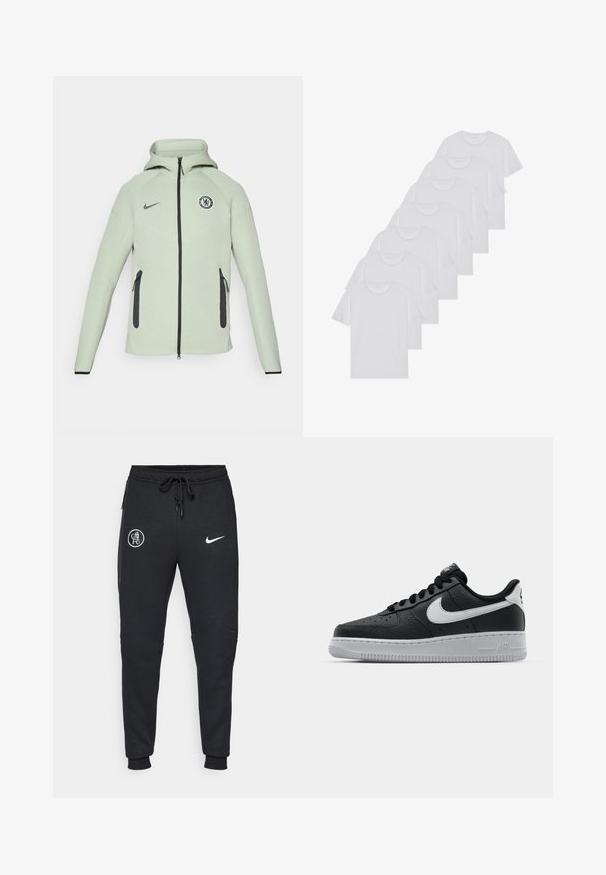 Hellgrüner Hoodie mit Reißverschluss, ausgestattet mit einem runden Chelsea FC-Logo, schwarzen Akzenten und zwei vorderen Reißverschluss-Taschen.; Weiße Baumwoll-T-Shirts, kurze Ärmel, Rundhals-Design, schlichte Textur, in einer Reihe gestapelt, mit dezentem Branding am Hals.; Schwarze Jogginghosen aus weichem Stoff, mit zwei seitlichen Taschen, gerippten Bündchen und weißen Logos von Chelsea FC und Nike.; Schwarze Ledersneaker mit strukturierten Oberflächen, weißem Nike-Swoosh, grauer Sohle, runder Zehenpartie und Schnürdesign. Verfügt über Perforationen an der Zehenbox.