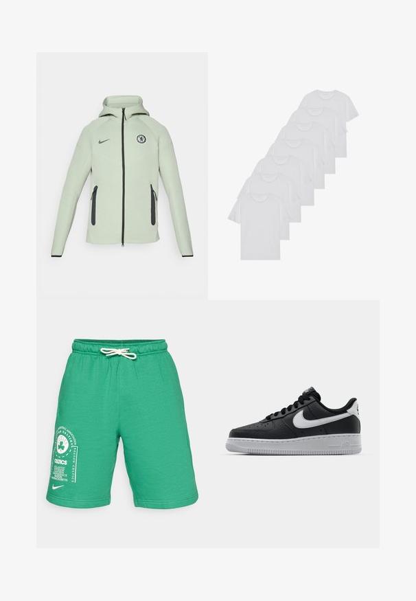 Világoszöld kapucnis pulóver, cipzárral zárható, kerek Chelsea FC logóval, fekete kiegészítőkkel és két elülső cipzáras zsebbel.; Fehér pamut pólók, rövid ujjúak, kerek nyak kialakítással, sima textúrával, sorba rakva, diszkrét logóval a nyaknál.; Zöld pamut keverék rövidnadrág, rugalmas derékpánttal és húzózsinórral. Bal lábon fehér Boston Celtics grafika található.; Fekete bőr edzőcipő mintás felülettel, fehér Nike logóval, szürke talppal, kerek orral és fűzős dizájnnal. Az orr részen perforációk találhatóak.