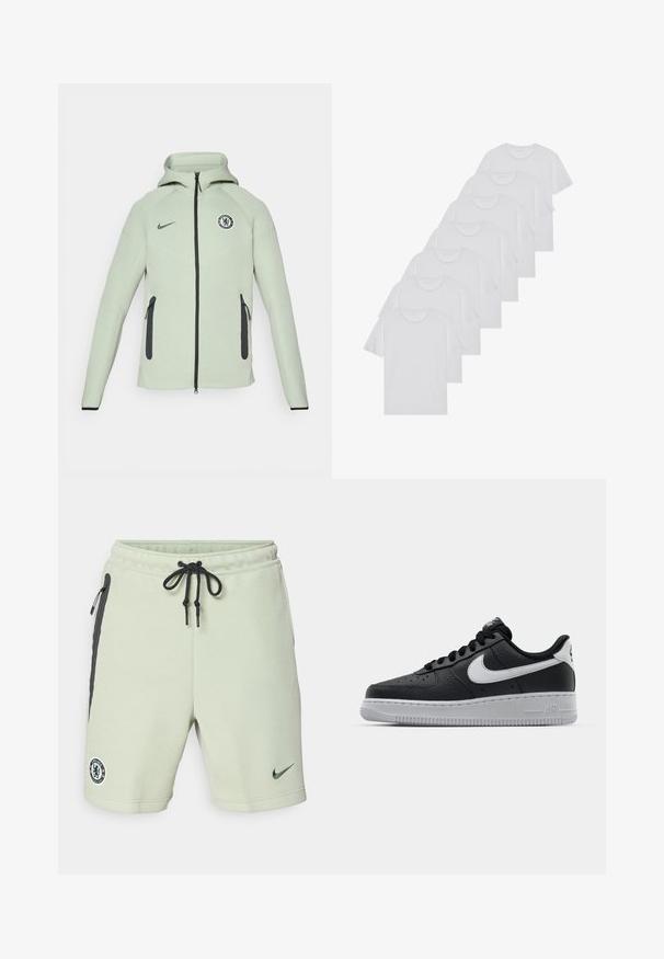 Hoodie vert clair avec fermeture éclair, arborant un logo circulaire de Chelsea FC, des accents noirs et deux poches avant zippées.; T-shirts en coton blanc, à manches courtes, design col rond, texture uniforme, empilés en rangée, avec un logo subtil au niveau de l'encolure.; Shorts de sport verts clairs avec des accents noirs, taille élastique avec cordon de serrage, poches latérales et logo Chelsea FC brodé. Fabriqués en tissu doux.; Baskets en cuir noir avec surface texturée, swoosh Nike blanc, semelle grise, bout rond et design à lacets. Comprend des perforations sur la boîte à orteils.