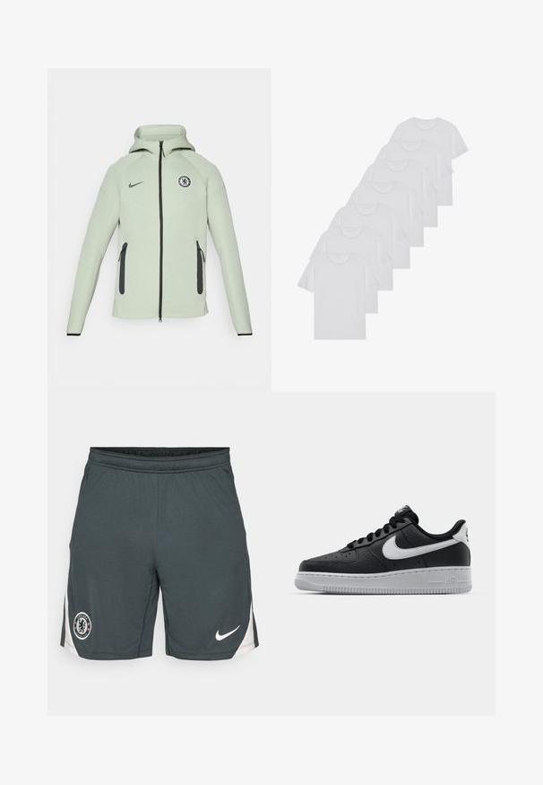 Light green hoodie with a zip closure, featuring a circular Chelsea FC logo, black accents, and two front zippered pockets.; White cotton T-shirts, short sleeves, crew neck design, plain texture, stacked in a row, with subtle branding at the neckline.; Dark gray sports shorts with white Nike logo on right leg and Chelsea Football Club emblem on left leg, featuring white side panels.; Black leather sneaker with textured surface, white Nike swoosh, gray sole, round toe, and lace-up design. Features perforations on toe box.