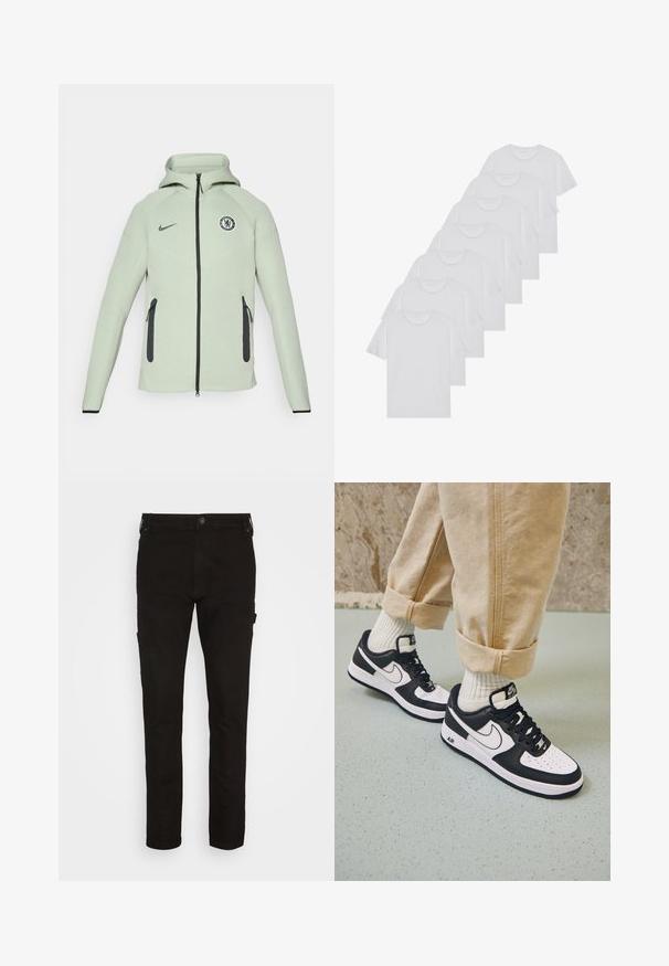 Jasnozielona bluza z kapturem zapinana na zamek, z okrągłym logo Chelsea FC, czarnymi akcentami i dwoma przednimi kieszeniami zapinanymi na zamek.; Białe bawełniane koszulki, krótki rękaw, design z okrągłym dekoltem, gładka faktura, ułożone w rzędzie, z subtelnym logo przy dekolcie.; Czarne spodnie cargo wykonane z wytrzymałego materiału, z bocznymi kieszeniami, dopasowanym krojem i zapięciem na guzik w talii.; Czarno-białe sneakersy Nike Air Force 1 z skórzanym wierzchem, perforowanym czubkiem i teksturowaną podeszwą, noszone z podwiniętymi beżowymi spodniami i białymi skarpetkami.