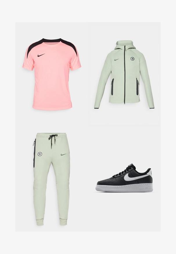 Vaaleanvihreä huppari, jossa on vetoketjusuljenta, pyöreä Chelsea FC -logo, mustat yksityiskohdat ja kaksi etupuolen vetoketjullista taskua.; Nike Performance STRIKE TOP - Tekninen t-paita - sunset pulse/black; Vihreät joustavat verkkarit, joissa on napakka muotoilu, Chelsea FC:n logo ja Nike-logon swoosh, sivutaskut mustilla yksityiskohdilla ja joustavat hihnat.; Musta nahkakengät, joissa on teksturoitu pinta, valkoinen Nike -logo, harmaa pohja, pyöreä kärki ja nauhakiinnitys. Varustettu rei'illä kärkilaatikossa.