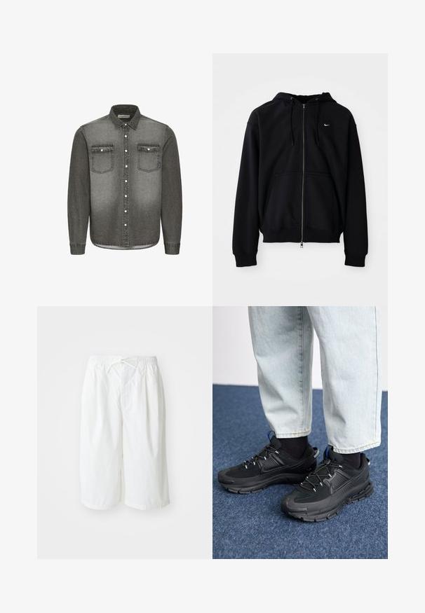 Melnas jaka ar rāvējslēdzēju, kas izgatavota no mīksta auduma, ar kapuci ar auklām, garām piedurknēm, priekšējo kangaroo kabatu un mazu baltu logotipu uz krūšu.; Pelēks denim krekls ar pogām pie apkakles, garām piedurknēm, divām krūšu kabatām un sudraba aksesuāriem. Izbalējusi gradienta dizaina apdare.; Bianchi šorti ar elastīgu jostu un auklu, izlikti uz vienkārša, gaiša fona. Piemēroti ikdienai vai siltam laikam.; Melni sporta apavi ar strukturētu audumu un gumijas zoli, ar elastīgām auklām un zilu akcentu uz papēža. Nēsāti ar gaišām džinsu biksēm.