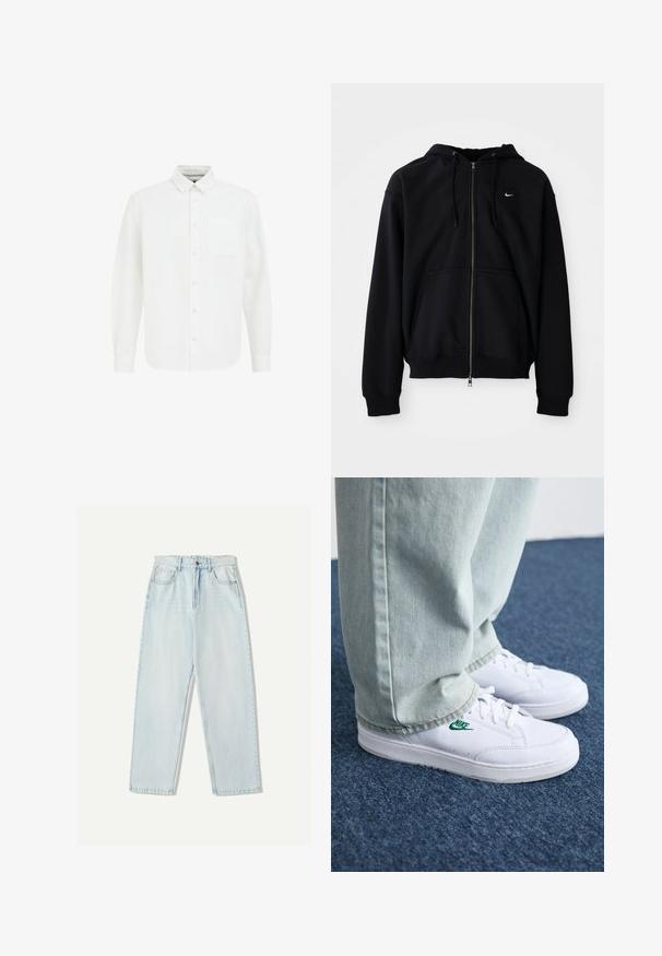 Felpa nera con zip realizzata in tessuto morbido, dotata di cappuccio regolabile con cordini, maniche lunghe, tasca a marsupio frontale e piccolo logo bianco sul petto.; Camicia bianca con bottoni, maniche lunghe, colletto a punta, tasca frontale e tessuto di cotone morbido. Presenta un orlo dritto e un design classico.; Jeans in denim azzurro chiaro con una vestibilità comoda, design a gamba dritta, stile a cinque tasche e leggere sfumature sul tessuto.; Sneakers in pelle bianca con logo Nike verde, punta rotonda, suola piatta, abbinati a pantaloni in denim azzurro, mostrati su un tappeto blu.
