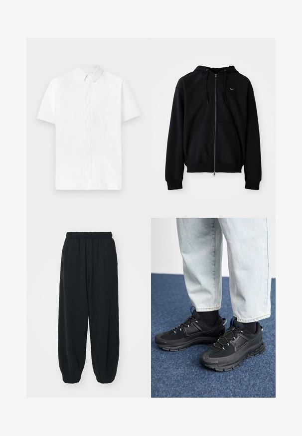 Black zip-up hoodie made of soft fabric, featuring a drawstring hood, long sleeves, front kangaroo pocket, and small white logo on the chest.; Short-sleeve white shirt with a button-down collar, made from a smooth fabric, featuring a front placket and a clean, minimalist design.; Black, elasticated-waist sweatpants with a loose fit, cuffed ankles, smooth texture, and no visible patterns or hardware accents.; Black athletic shoes with textured fabric and rubber soles, featuring elastic laces and a blue accent on the heel. Worn with light denim pants.