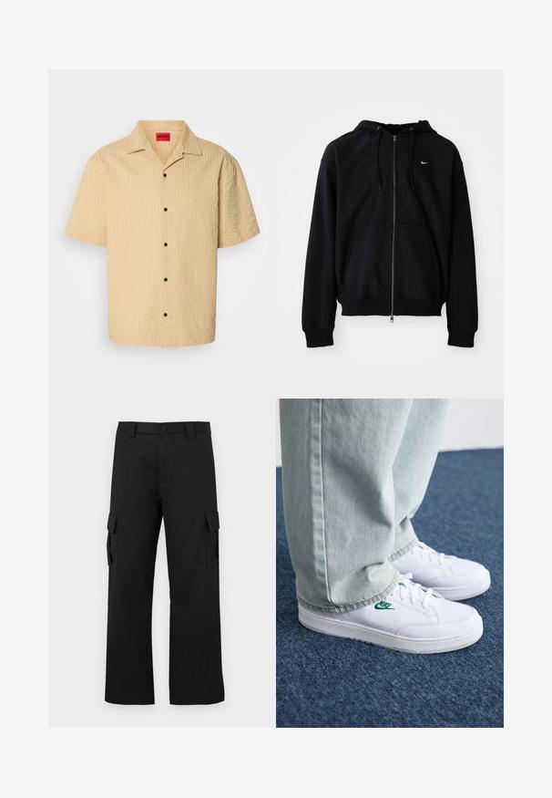 Schwarze Zip-Hoodie aus weichem Stoff, mit einer verstellbaren Kapuze, langen Ärmeln, einer vorderen Kängurutasche und kleinem weißen Logo auf der Brust.; Kurzärmliges, kragenloses Hemd aus hellbeigem, strukturiertem Stoff mit karriertem Muster und schwarzen Knöpfen. Etikett im Nacken sichtbar.; Schwarze Cargo-Hosen mit geradem Bein Design. Hergestellt aus strapazierfähigem Stoff, mit zwei Seitentaschen mit Klappen und einem Knopfverschluss.; Weiße Leder-Sneaker mit grünem Nike-Logo, runde Zehenpartie, flache Sohle, kombiniert mit hellblauen Jeans, präsentiert auf einem blauen Teppich.