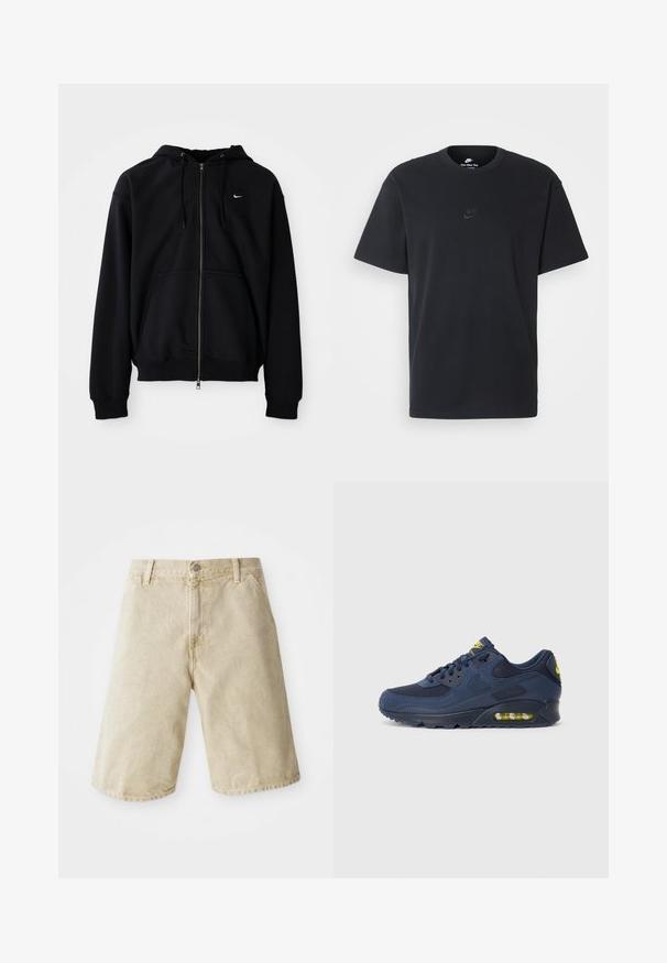 Schwarze Zip-Hoodie aus weichem Stoff, mit einer verstellbaren Kapuze, langen Ärmeln, einer vorderen Kängurutasche und kleinem weißen Logo auf der Brust.; Schwarzes Baumwoll-T-Shirt von Nike mit klassischem Rundhalsausschnitt, kurzen Ärmeln und einem dezenten, geprägten Logo auf der Brust. Glatte Textur.; Beige Denim-Shorts mit geradem Schnitt, fünf Taschen, Frontknopf- und Reißverschlussverschluss sowie dezenten Ausbleichungen im Stoff.; Dunkelblaue Nike Air Max Sneaker mit Obermaterial aus Wildleder und Mesh, ausgestattet mit gelben Akzenten, Schnürung vorne und sichtbarer Luftpolsterung in der Sohle.