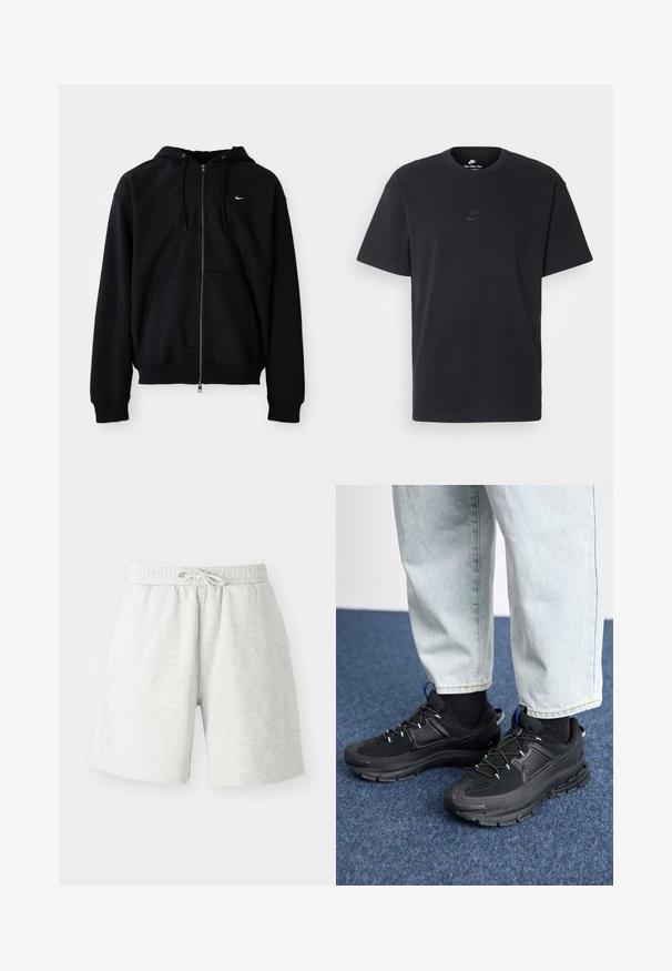 Musta tõmblukuga kapuutsiga jakk, mis on valmistatud pehmest kangast, varrukatega, ees on kängurupocket ja väikese valge logoga rinnal.; Nike musta mustast puuvillast T-särk klassikalise ümmarguse kaelusega, lühikeste varrukatega ja õrna, reljeefse logoga rinnal. Sile tekstuur.; Heledad hallidega heledad puuvillasegust lühikesed püksid, millel on elastne vöökoht ja nööriga detail. Pehme tekstuur, kuni põlvede kõrguseni ulatuv disain.; Mustad mustad jooksukingad, millel on tekstureeritud kangas ja kummist tallad, elastsed nöörid ning sinine aksent kandadel. Kandmine heledate teksadega.