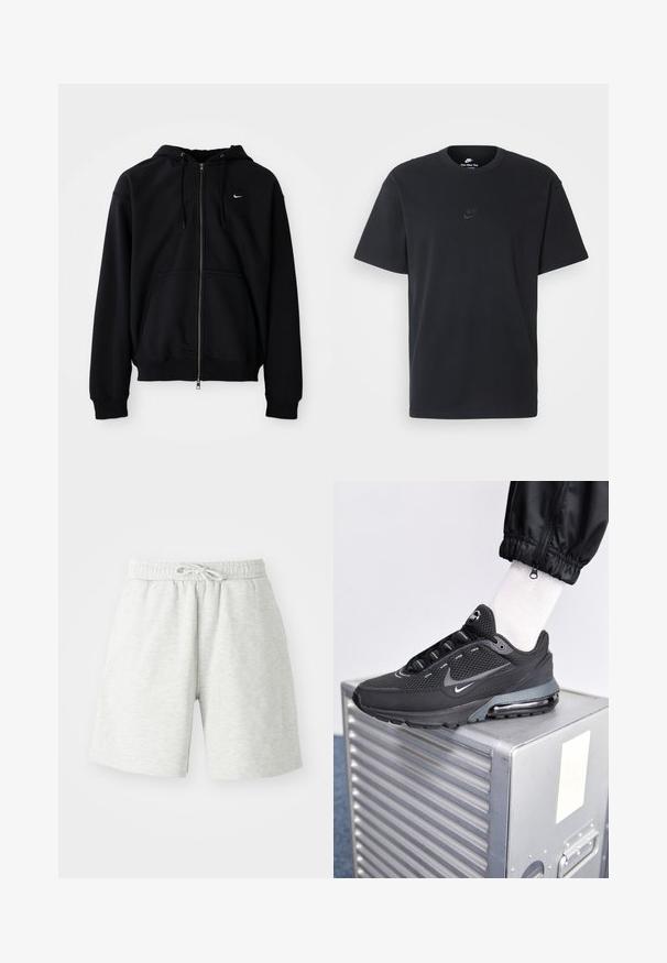 Schwarze Zip-Hoodie aus weichem Stoff, mit einer verstellbaren Kapuze, langen Ärmeln, einer vorderen Kängurutasche und kleinem weißen Logo auf der Brust.; Schwarzes Baumwoll-T-Shirt von Nike mit klassischem Rundhalsausschnitt, kurzen Ärmeln und einem dezenten, geprägten Logo auf der Brust. Glatte Textur.; Hellgraue Baumwollshorts mit elastischem Bund, Kordelzugdetails und seitlichen Taschen. Weiche Textur, knielanger Schnitt.; Nike Sportswear PULSE - Sneaker low - black/anthracite