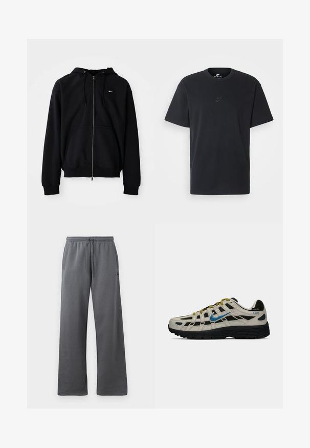 Μαύρο φούτερ με φερμουάρ, φτιαγμένο από μαλακό ύφασμα, διαθέτει κουκούλα με κορδόνι, μακριά μανίκια, μπροστινή τσέπη καγκουρό και μικρό λευκό λογότυπο στο στήθος.; Μαύρη βαμβακερή μπλούζα Nike με κλασικό στρογγυλό λαιμό, κοντά μανίκια και μια διακριτική, ανάγλυφη λογότυπο στο στήθος. Λείο ύφασμα.; Γκρίζες φόρμες από μαλακό ύφασμα με άνετη εφαρμογή. Διαθέτουν ελαστική μέση με κορδόνι και πλαϊνές τσέπες.; Μπεζ και μαύρα sneakers Nike P-6000 με μπλέ σουέτ, κίτρινες κορδόνες, μαύρη σόλα και ετικέτα από ύφασμα Cordura στην φτέρνα.