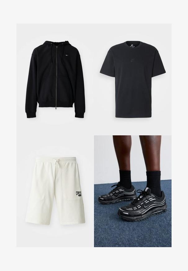 Černá mikina s kapucí na zip vyrobená z měkké tkaniny, s šňůrkovou kapucí, dlouhými rukávy, přední klokaní kapsou a malým bílým logem na hrudi.; Černé bavlněné tričko Nike s klasickým kulatým výstřihem, krátkými rukávy a decentně vyraženým logem na hrudi. Hladký povrch.; Krémové šortky vyrobené z měkké tkaniny, s dvěma velkými bočními kapsami a černým logem "Converse All Star" na pravé noze.; Černé boty Nike mají síťovanou horní část s akcentovými pruhy, texturované šněrování a černou gumovou podrážku. Nosené s černými žebrovanými ponožkami.