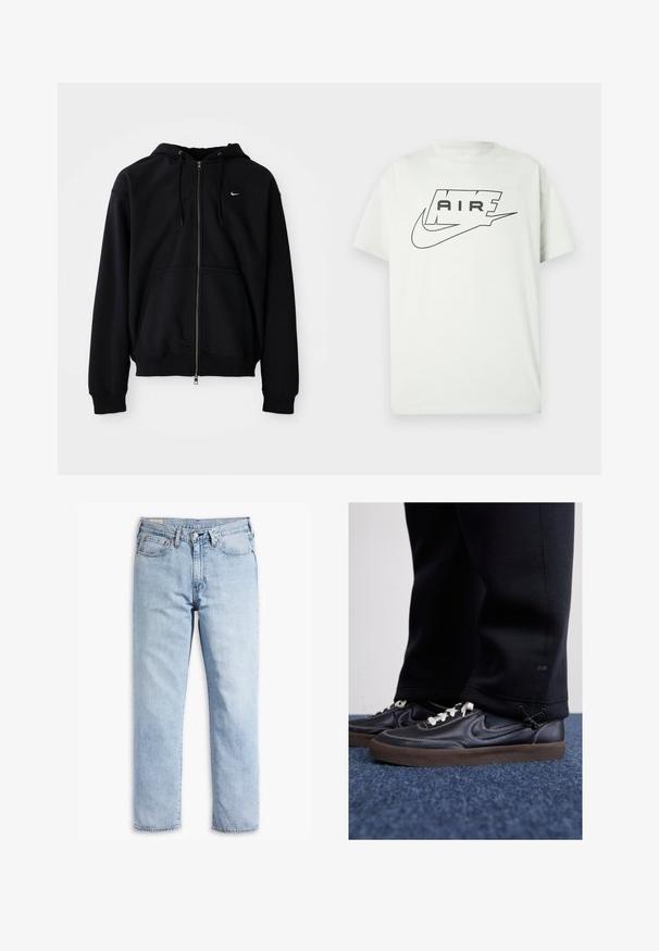 Hoodie preto com fecho éclair, feito de tecido macio, com capuz ajustável, mangas longas, bolso canguru na frente e pequeno logotipo branco no peito.; T-shirt branca de manga curta com logótipo Air da Nike em preto, apresentando a palavra "AIR" dentro de um contorno estilizado acima do clássico swoosh.; Jeans de denim azul claro com um design de perna reta, estilo de cinco bolsos e costura robusta. Apresentam um fecho de correr e botão de metal.; Nike Sportswear KILLSHOT 2 LTR PRM OPP2 - Sapatilhas - black sail baroque brown mtlc dk grey