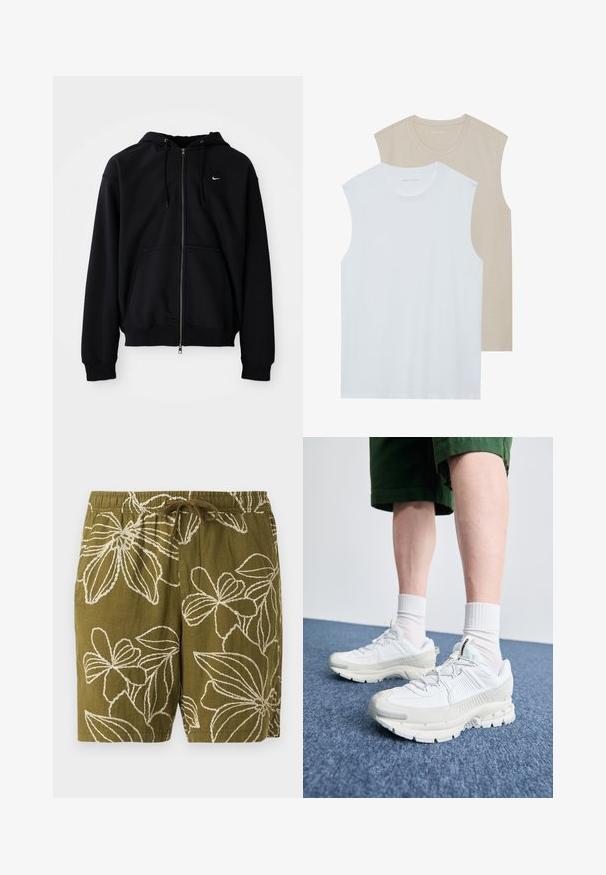 Felpa nera con zip realizzata in tessuto morbido, dotata di cappuccio regolabile con cordini, maniche lunghe, tasca a marsupio frontale e piccolo logo bianco sul petto.; Due magliette senza maniche: una bianca e una beige chiaro. Entrambe hanno un collo rotondo e sono realizzate in tessuto morbido e liscio con una vestibilità casual.; Pantaloni corti in lino verde oliva con ricami floreali bianchi, dotati di una vita elastica e cordoncino per una vestibilità regolabile.; Scarpe da ginnastica bianche con sovrapposizioni testurizzate, suola spessa e accenti grigi. Indossate con calze corte bianche e pantaloni corti verdi su una superficie blu.