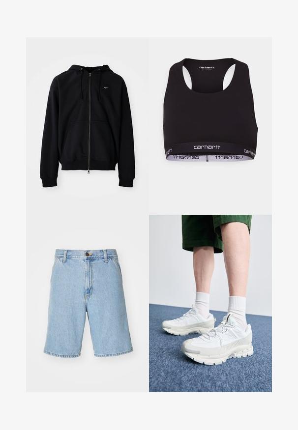 Musta vetoketjullinen huppari, joka on valmistettu pehmeästä kankaasta. Siinä on kiristettävä huppu, pitkät hihat, etu kangaroo-tasku ja pieni valkoinen logo rinnassa.; Musta urheiluliivi, jossa on pyöreä pääntie ja urheilusatula-mallinen selkäosa. Varustettu vahvistetulla vyötäröllä, jossa on valkoinen "carhartt"-brändäys. Pehmeä kangas.; Vaaleansiniset farkkushortsit, joissa on rento leikkaus, vetoketjukiinnitys, nappikiinnitys ja neljä taskua. Kankaan pinta on sileä.; Valkoiset urheilukengät, joissa on tekstuuriset päällysteet, paksu pohja ja harmaat yksityiskohdat. Yhdistetty valkoisiin putkisukkiin ja vihreisiin shortseihin sinisellä pinnalla.