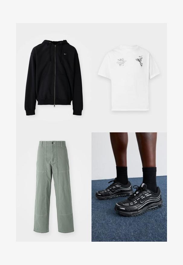 Crna majica s kapuljačom na zatvaranje, izrađena od mekanog materijala, s vezicom na kapuljači, dugim rukavima, prednjim kenguru džepom i malim bijelim logotipom na prsima.; Bijela pamučna majica s crnim grafičkim otiskom krilate figure i teksta, s okruglim izrezom i kratkim rukavima.; Zelene cargo hlače s opuštenim krojem, koje imaju zakovice, kontrastne šavove, prednje kopčanje na dugme i ravne nogavice.; Crne Nike tenisice imaju gornji dio od mrežaste tkanine s naglasnim prugama, teksturiranim vezicama i crnom gumenom potplatom. Nosedne su s crnim rebrastim čarapama.