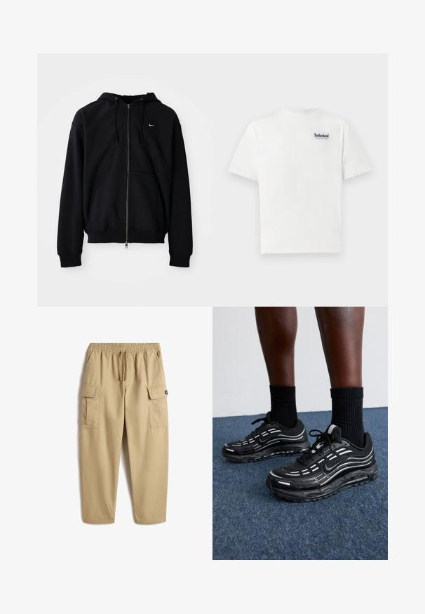 Schwarze Zip-Hoodie aus weichem Stoff, mit einer verstellbaren Kapuze, langen Ärmeln, einer vorderen Kängurutasche und kleinem weißen Logo auf der Brust.; Weißes Baumwoll-T-Shirt mit einem blauen, gestickten "Timberland Rugged Active Gear"-Logo auf der oberen linken Brust. Kurze Ärmel und Rundhalsausschnitt.; Beige Cargo-Hosen mit elastischem Bund und Kordelzug. Mit zwei seitlichen Taschen und zwei großen Cargo-Taschen auf den Oberschenkeln. Glatter Stoff.; Schwarze Nike-Schuhe verfügen über ein Obermaterial aus Mesh mit Akzentstreifen, strukturiertem Schnürsystem und einer schwarzen Gummisohle. Getragen mit schwarzen, gerippten Socken.