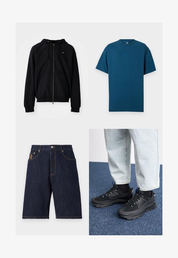Črna zip-up kapuca izdelana iz mehkega materiala, ki ima kapuco z vrvico, dolge rokave, sprednji kenguru žep in majhen bel logo na prsih.; Modra bombažna majica s kratkimi rokavi, okroglega izreza in majhnim svetlo modrim logotipom Nike na prsih. Mehka tekstura, sproščen kroj.; Jeans kratke hlače v temno modri barvi s pravo linijo, ki vključujejo klasičen pet-pocket dizajn, kontrastno zlato šivanje in logotipni žep na levi strani.; Črne športne čevlje z teksturirano tkanino in gumijastimi podplati, ki imajo elastične vezalke ter modre poudarke na peti. Nosi se z lahkimi denim hlačami.