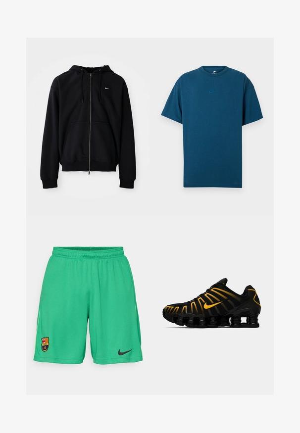 Μαύρο φούτερ με φερμουάρ, φτιαγμένο από μαλακό ύφασμα, διαθέτει κουκούλα με κορδόνι, μακριά μανίκια, μπροστινή τσέπη καγκουρό και μικρό λευκό λογότυπο στο στήθος.; Μπλε βαμβακερό T-shirt με κοντά μανίκια, στρογγυλή λαιμόκοψη και μικρό, ανοιχτό μπλε λογότυπο Nike στο στήθος. Μαλακή υφή, χαλαρή εφαρμογή.; Πράσινα ποδοσφαιρικά σορτς από υφασμάτινη δομή, με το λογότυπο της Nike σε μαύρο χρώμα και το σήμα της ομάδας της Μπαρτσελόνα στο αριστερό πόδι.; Μαύρο αθλητικό παπούτσι με κίτρινες λεπτομέρειες, με πάνω μέρος από αναπνέον πλέγμα, κυματιστό σχέδιο και χαρακτηριστική padded σόλα.