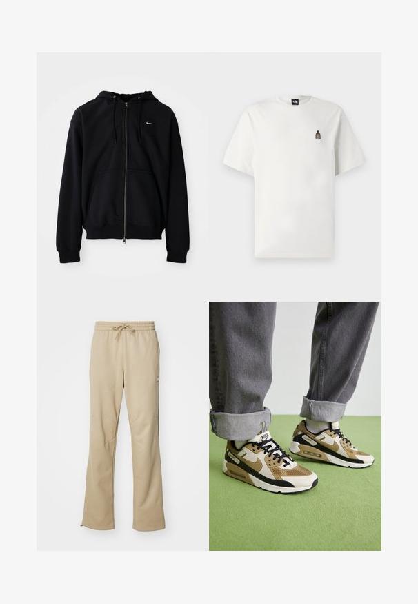 Fekete cipzáros kapucnis pulóver puha anyagból, húzózsinórral ellátott kapucnival, hosszú ujjakkal, elülső kenguru zsebbel és kis fehér logóval a mellkason.; Fehér pamut póló, bal mellkason egy kis, hímzett palack grafikával. Klasszikus kerek nyakkivágás és rövid ujjú.; Puha anyagból készült bézs melegítőnadrág, húzózsinóros derékkal, bővülő lábszárral és ferde varrásokkal a formáért. Kis logó dísz a szélén.; Nike Air Max 90 sneakers bézs és fekete színben, hálós és bőr anyagokkal, látható párnázottsággal és fekete fűzőkkel.