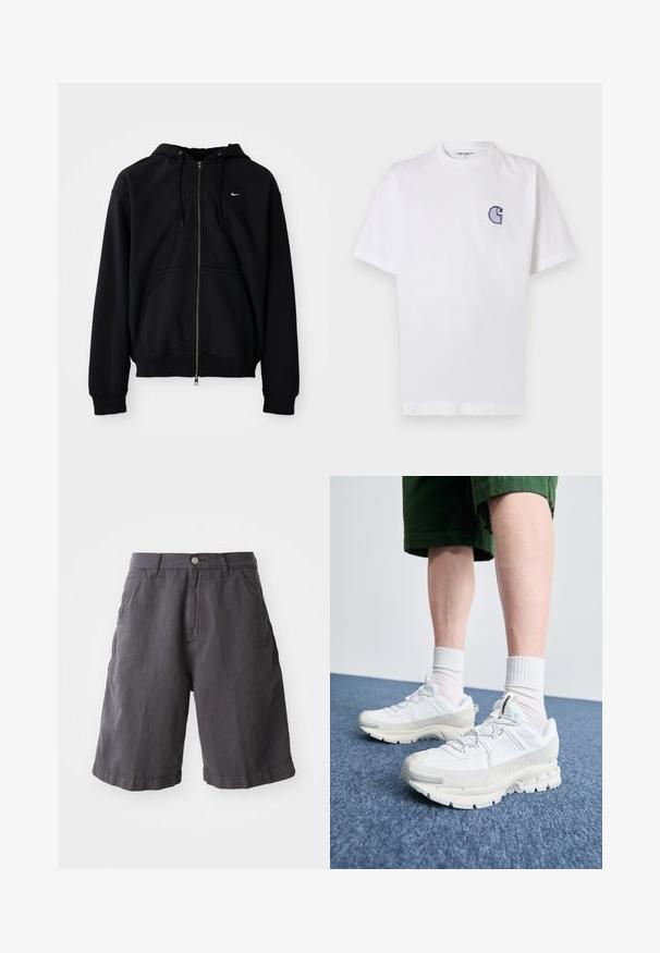 Musta tõmblukuga kapuutsiga jakk, mis on valmistatud pehmest kangast, varrukatega, ees on kängurupocket ja väikese valge logoga rinnal.; Valge puuvillane t-särk lühikeste varrukatega, ümara kaelusega ja vasakul rinnal väike tikitud sinine "C" logo.; Tumedat hallid puuvillased lühikesed püksid, mis on lõdva lõikega, varustatud nööbiga sulgemise, vöörihmade ja küljetaskutega, lihtsa äärisega disain.; Valged sportsijalatsid tekstuursete pealsete, kopsaka tallaga ja hallide aktsentidega. Kanda valgete lühikeste sokkidega ja roheliste lühikeste pükstega sinisel pinnal.