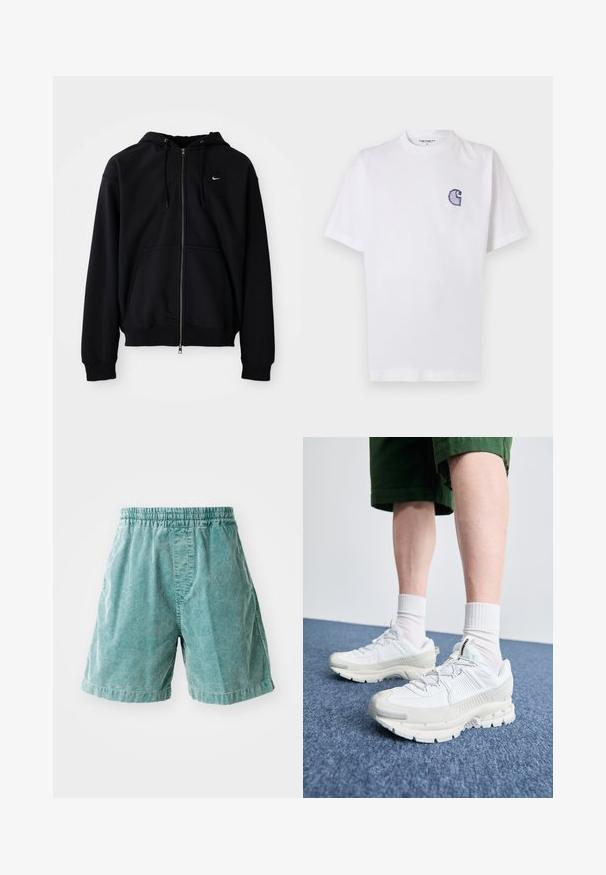 Schwarze Zip-Hoodie aus weichem Stoff, mit einer verstellbaren Kapuze, langen Ärmeln, einer vorderen Kängurutasche und kleinem weißen Logo auf der Brust.; Weißes Baumwoll-T-Shirt mit kurzen Ärmeln, rundem Halsausschnitt und einem kleinen, gestickten blauen "C"-Logo auf der linken Brustseite.; Türkise Cordshorts mit elastischem Bund, seitlichen Taschen und geradem Schnitt. Texturiertes Material mit sichtbaren Rillen.; Weiße Sportschuhe mit strukturierten Überzügen, einer dicken Sohle und grauen Akzenten. Tragen mit weißen Crew-Socken und grünen Shorts auf einer blauen Oberfläche.