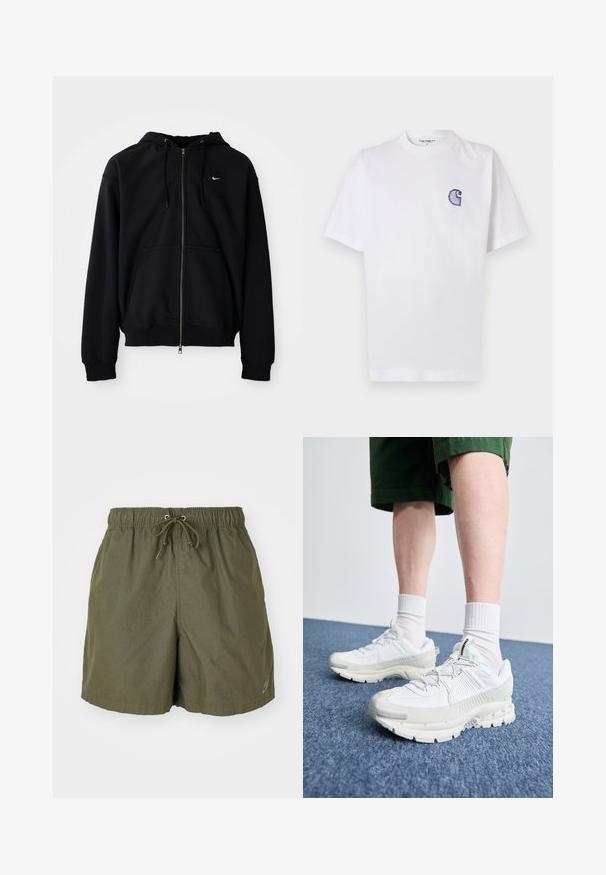 Hoodie preto com fecho éclair, feito de tecido macio, com capuz ajustável, mangas longas, bolso canguru na frente e pequeno logotipo branco no peito.; T-shirt branca de algodão com mangas curtas, decote redondo e um pequeno logotipo azul "C" bordado no lado esquerdo do peito.; Calções verdes oliva com uma cintura elástica, cordão ajustável e bolsos laterais. Feitos de um tecido leve, com um brilho sutil.; Sapatos atléticos brancos com sobreposições texturizadas, sola espessa e detalhes em cinza. Usados com meias brancas até ao tornozelo e calções verdes sobre uma superfície azul.