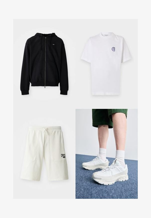 Sudadera con cremallera negra, hecha de una tela suave, que cuenta con capucha con cordón, mangas largas, bolsillo tipo canguro en la parte frontal y un pequeño logo blanco en el pecho.; Camiseta blanca de algodón con mangas cortas, cuello redondo y un pequeño logo azul bordado en forma de "C" en el área del pecho izquierdo.; Bermudas de color crema hechas de una tela suave, con dos grandes bolsillos laterales y un logo negro de "Converse All Star" en la pierna derecha.; Zapatillas deportivas blancas con superposiciones texturizadas, una suela gruesa y acentos grises. Llevadas con calcetines blancos hasta la pantorrilla y pantalones cortos verdes sobre una superficie azul.