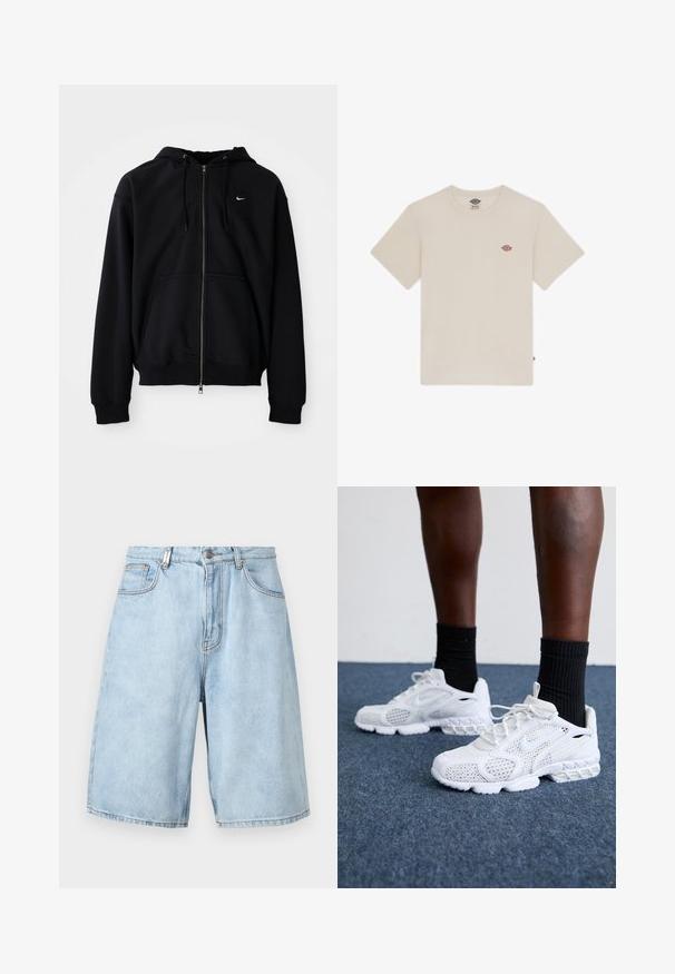 Czarna bluza z kapturem na zamek, wykonana z miękkiego materiału, z kapturem na sznurku, długimi rękawami, przednią kieszenią typu kangur oraz małym białym logo na piersi.; Kremowa koszulka z bawełny, z krótkim rękawem, okrągłym dekoltem oraz małym, wielokolorowym haftowanym logo na piersi.; Jasnoniebieskie szorty dżinsowe o luźnym kroju, z dwoma kieszeniami z przodu, zamkiem błyskawicznym i widocznymi przeszyciami.; Białe sportowe buty z siateczkową cholewką, teksturowanymi akcentami i wyściełaną podeszwą. W zestawieniu z czarnymi skarpetkami ściągaczowymi do kostek na niebieskiej wykładzinie.
