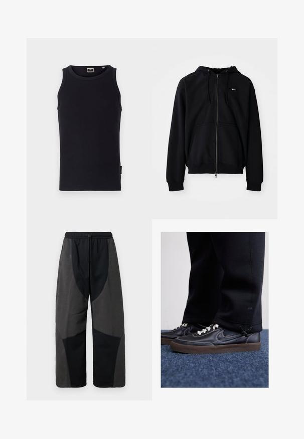 Sort zip-up hoodie lavet af blødt stof, med en snøre i hætten, lange ærmer, front kangaroo-lomme og lille hvidt logo på brystet.; Sort ærmeløs tanktop lavet af bomuld, med ribbet tekstur, rund hals og et lille sideetiket. Enkel, tætsiddende design.; Fleece-forstærkede sorte bukser med en afslappet pasform, der har kontrasterende mørkegrå stofpaneler og en justerbar snoreliv.; Nike Sportswear KILLSHOT 2 LTR PRM OPP2 - Sneakers - black sail baroque brown mtlc dk grey