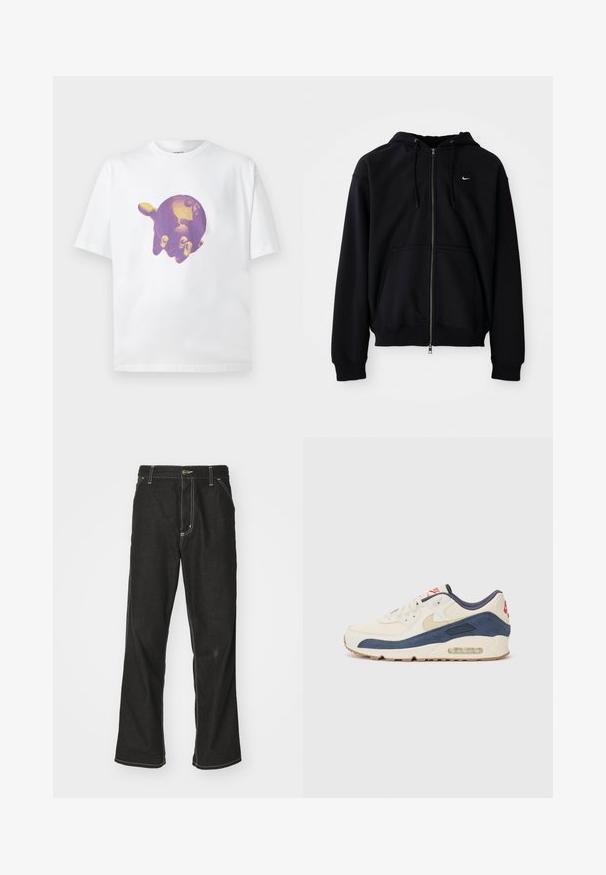 Sort zip-up hoodie lavet af blødt stof, med en snøre i hætten, lange ærmer, front kangaroo-lomme og lille hvidt logo på brystet.; Hvid bomulds t-shirt med et centralt lilla og gyldent grafik af en hånd, der holder en globe, med korte ærmer og rund halsudskæring.; Sorte denimjeans med løs pasform, der har kontrasterende hvid syning, en knaplukning og et lige ben-design.; Sneakers med en overdel i cremefarvet læder og marineblå ruskind, med en synlig luftsål, beige gummisål og røde detaljer på hælen.