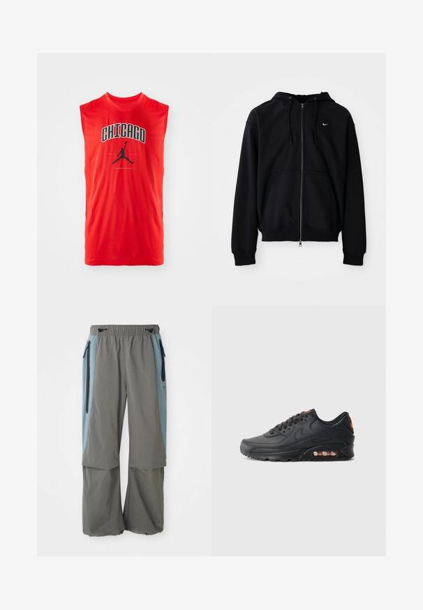 Svart zip-up huvtröja i mjukt tyg, med dragsko i huvan, långa ärmar, framficka i kengurustil och liten vit logotyp på bröstet.; Röd ärmlös sporttröja med svart text "CHICAGO" och en svart Nike Air Jordan-logotyp centrerad under texten. Slät, lättviktsmaterial.; Grå utomhusbyxor med bred bendesign, med mörkblå sidopaneler och fickor med dragkedja. Tillverkade av lätt och andningsbart material.; Nike Air Max 90-sneakers med en svart syntetisk ovandel, texturerad yta, snörning fram, synlig luftenhet och orange accentlogotyp.
