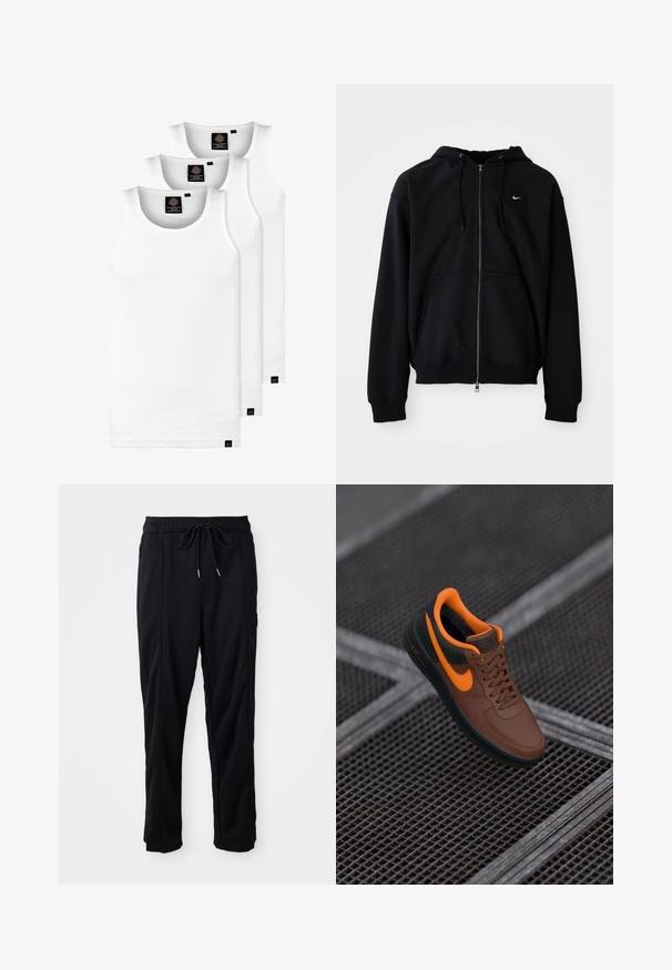 Musta tõmblukuga kapuutsiga jakk, mis on valmistatud pehmest kangast, varrukatega, ees on kängurupocket ja väikese valge logoga rinnal.; Kolm valget ribaga t-särki, mis on valmistatud puuvillast. Omavad ümmargust kaelanõhku ja väikseid musti silte hemme lähedal. Saadaval erinevates suurustes.; Mustad nööridega vööga igapäevased mustad püksid, külgseamipocketid ja sirge sääre lõikega, ühtlasel taustal.; Pruun nahast tennisekad oranžide aktsentidega, ümar varvas, nööbiga disain ja tekstureeritud pind. Roheline kummitald, millel on nähtav "AIR" bränding.