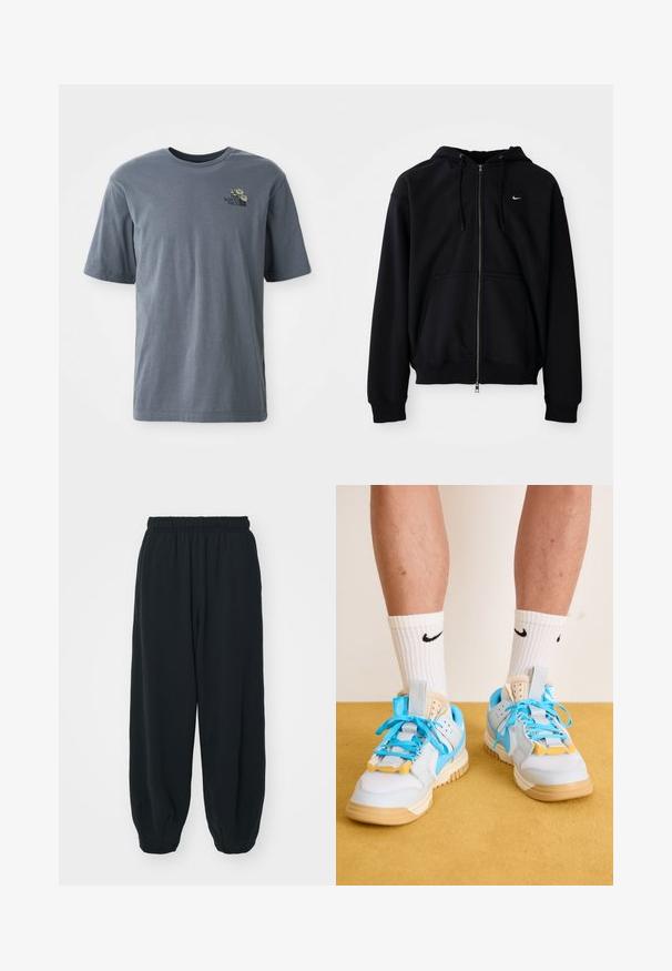 Juodas zip-up gobtuvėlis, pagamintas iš minkštos medžiagos, turintis raišteliu reguliuojamą gobtuvą, ilgomis rankovėmis, priekinę kengūros kišenę ir mažą baltą logotipą ant krūtinės.; Pilkos spalvos trumpų rankovių marškinėliai, pagaminti iš medvilnės, su mažuoju siuvinėtu logotipu ir gėlių raštu kairėje krūtinės pusėje.; Juodi, su elastiniu juosmeniu sportiniai kelnės su laisvu siluetu, suapvalintais kulkšnimis, lygia tekstūra ir be matomų raštų ar metalinių akcentų.; Šviesiai mėlynos sportbačiai su rausvais padais, turintys ryškius mėlynus raištelius ir geltonus akcentus. Tekstūruotos medžiagos ir matoma oro pagalvė.