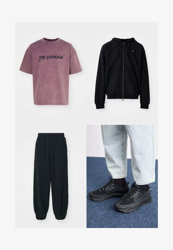 Črna zip-up kapuca izdelana iz mehkega materiala, ki ima kapuco z vrvico, dolge rokave, sprednji kenguru žep in majhen bel logo na prsih.; T-maica s kratkimi rokavi, sproščenega kroja v zbledeli mauve barvi, z črnim besedilom v gradientnem efektu in mehkim, teksturiranim zaključkom.; Črne, elastične hlače za prosti čas z ohlapnim krojem, manšetami na gležnjih, gladko teksturo in brez vidnih vzorcev ali dodatkov.; Črne športne čevlje z teksturirano tkanino in gumijastimi podplati, ki imajo elastične vezalke ter modre poudarke na peti. Nosi se z lahkimi denim hlačami.