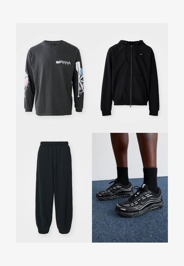 Črna zip-up kapuca izdelana iz mehkega materiala, ki ima kapuco z vrvico, dolge rokave, sprednji kenguru žep in majhen bel logo na prsih.; Črna bombažna majica s dolgimi rokavi, ki ima na sprednji strani logo ter grafiko kompasa in vesla na rokavih v modrih in roza odtenkih.; Črne, elastične hlače za prosti čas z ohlapnim krojem, manšetami na gležnjih, gladko teksturo in brez vidnih vzorcev ali dodatkov.; Črne Nike čevlje imajo mrežasto zgornji del z naglasnimi črtami, teksturirane vezalke in črn gumijast podplat. Nosijo se s črnimi rebrastimi nogavicami.