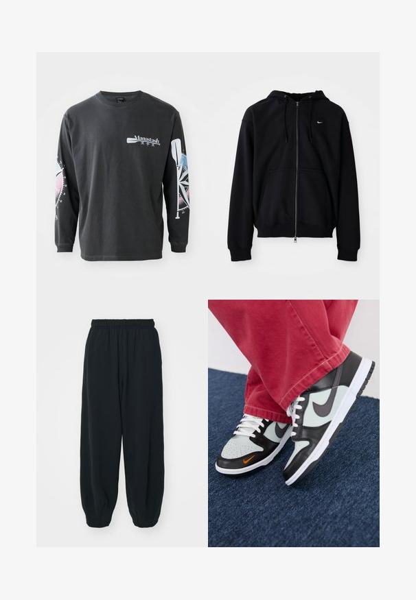 Black zip-up hoodie made of soft fabric, featuring a drawstring hood, long sleeves, front kangaroo pocket, and small white logo on the chest.; Long-sleeve black cotton t-shirt featuring a logo on the front and graphics of a compass and oar on the sleeves in blue and pink tones.; Black, elasticated-waist sweatpants with a loose fit, cuffed ankles, smooth texture, and no visible patterns or hardware accents.; Nike Sportswear NIKE DUNK LOW UNISEX - Trainers - black/med ash/light silver/bright mandarin/summit white/white