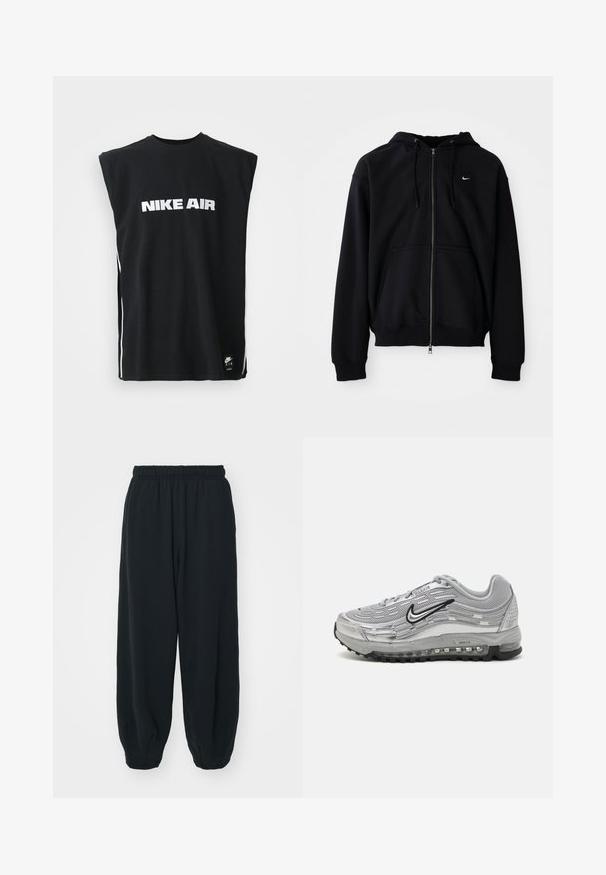 Melnas jaka ar rāvējslēdzēju, kas izgatavota no mīksta auduma, ar kapuci ar auklām, garām piedurknēm, priekšējo kangaroo kabatu un mazu baltu logotipu uz krūšu.; Melnā bez piedurknēm Nike Air krekls ar baltu logo tekstu centrā uz krūšu daļas un mazu melnu Nike Air birku netālu no apakšējā apmales.; Melnas sporta bikses ar elastīgu jostasvietu, brīvu piegriezumu, aprocēm ap potītēm, gludu tekstūru, un bez redzamām rakstu vai aparatūras akcentiem.; Pelēkie Nike Air Max sporta apavi ar sietu un sintētisku augšdaļu, viļņveida dizainu, melniem akcentiem un redzamu gaisa amortizācijas vienību.