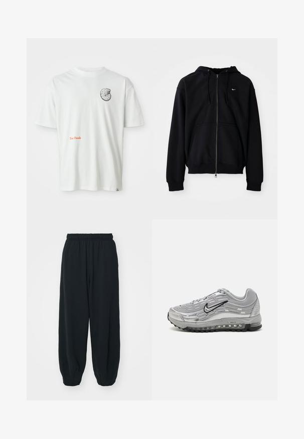 Črna zip-up kapuca izdelana iz mehkega materiala, ki ima kapuco z vrvico, dolge rokave, sprednji kenguru žep in majhen bel logo na prsih.; Bela majica s kratkimi rokavi z abstraktnim fosilnim dizajnom v črno-beli barvi na levem prsnem delu in oranžnim napisom "Texas Fossils" na sprednji strani.; Črne, elastične hlače za prosti čas z ohlapnim krojem, manšetami na gležnjih, gladko teksturo in brez vidnih vzorcev ali dodatkov.; Sive Nike Air Max športni copati z mrežastim in sintetičnim zgornjim delom, valovitim dizajnom, črnimi detajli in vidno enoto za zračno blazinjenje.