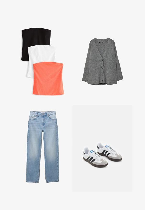 Grå strikcardigan med V-hals, lange ærmer, fire knapper foran og to forlommer. Blød tekstur med ribbede manchetter.; Next 3 PACK BANDEAU BOOBTUBES - Top - multi/white/black stripe; Lyseblå denimbukser med lige ben, fem-pockets stil og synlige syninger. Stofmaterialet har en blød, let falmet tekstur.; Sportsko med en overdel i hvid læder, grå ruskind på tåen og tre sorte striber. Har et blåt logo på tungen og en struktureret gummisål.