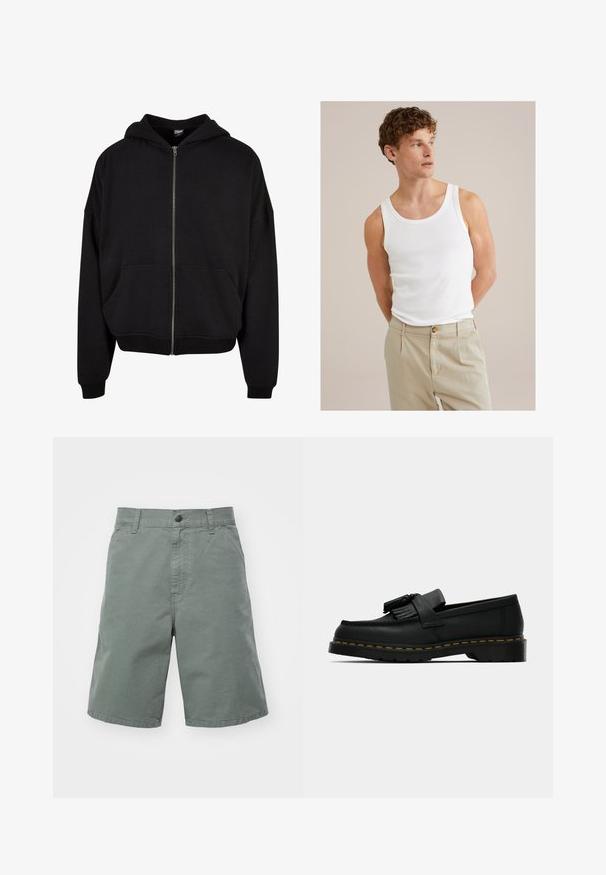 Czarna bluza z kapturem na zamek, z długimi rękawami i dwoma przednimi kieszeniami. Wykonana z miękkiej tkaniny bawełnianej w splocie z dodatkiem elastanu, z prążkowanymi mankietami i dołem.; Biały bawełniany top na ramiączkach z okrągłym dekoltem i szerokimi ramiączkami, połączony z jasnobeżowymi spodniami z guzikiem i plisami.; Jasnozielone bawełniane szorty z zapięciem na guziki, szlufkami na pasek i bocznymi kieszeniami. Posiadają prosty krój i lekką fakturę.; Czarne skórzane mokasyny z frędzlami, żółte przeszycia wzdłuż podeszwy i gruba, żłobiona gumowa podeszwa.