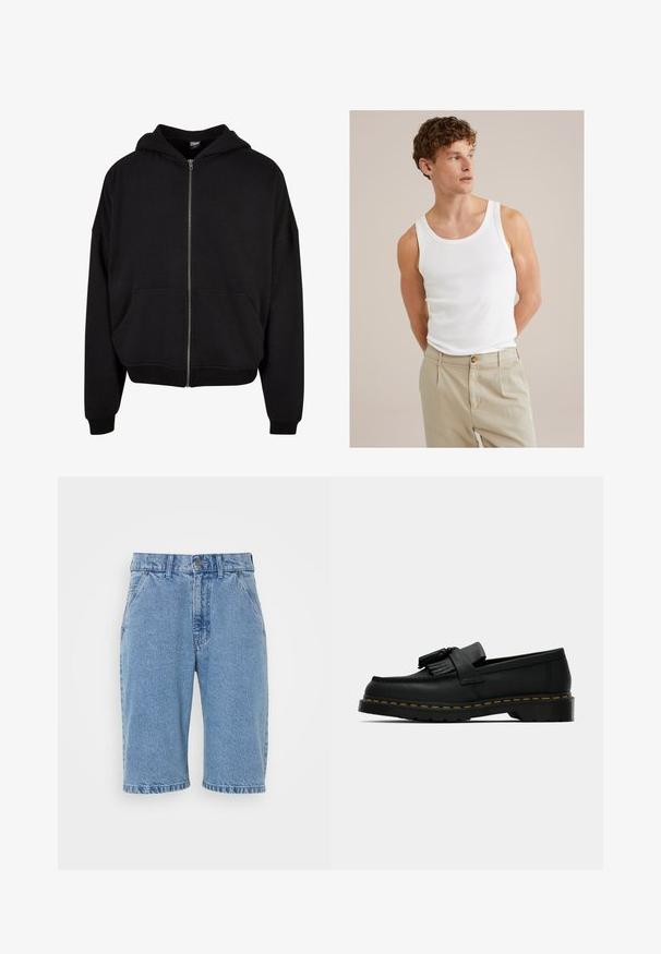 Felpa nera con zip, cappuccio, maniche lunghe e due tasche frontali. Realizzata in morbido tessuto misto cotone con polsini e orlo a coste.; Top in cotone bianco con scollo tondo e spalline larghe, abbinato a pantaloni beige chiaro con bottone e pieghe.; Shorts in denim di un azzurro chiaro, caratterizzati da un classico design a cinque tasche, chiusura con bottone e zip, orlo grezzo e texture scolorita.; Mocassino in pelle nera con nappine, cuciture gialle lungo la suola e una suola in gomma spessa e rigata.