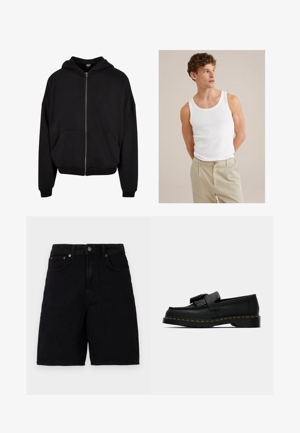 Hanorac negru cu fermoar, cu glugă, mâneci lungi și două buzunare frontale. Fabricat dintr-un material moale din bumbac, cu manșete și tiv din tricot.; Top din bumbac alb, fără mâneci, cu decolteu rotund și bretele late, asortat cu pantaloni bej deschis, cu un nasture și pliu.; Șorturi din denim negre cu un design clasic cu cinci buzunare, având închidere cu nasture și croială dreaptă. Țesătura are o textură fină.; Mocasini negri din piele cu ciucuri, cusături galbene pe marginea tălpii și o talpă exterioară groasă, zimțată din cauciuc.