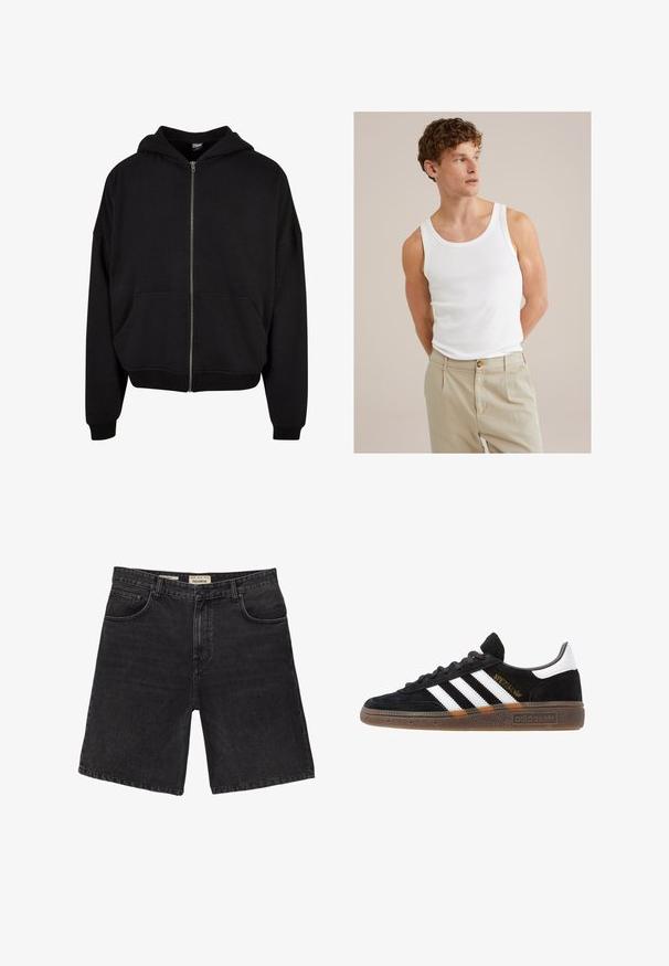 Czarna bluza z kapturem na zamek, z długimi rękawami i dwoma przednimi kieszeniami. Wykonana z miękkiej tkaniny bawełnianej w splocie z dodatkiem elastanu, z prążkowanymi mankietami i dołem.; Biały bawełniany top na ramiączkach z okrągłym dekoltem i szerokimi ramiączkami, połączony z jasnobeżowymi spodniami z guzikiem i plisami.; Czarne szorty dżinsowe o klasycznym kroju, z pięcioma kieszeniami i zapięciem na guzik. Teksturowany materiał, czyste wykończenie i prosta poduszka.; Czarny sneaker Adidas z białymi paskami, złotym napisem "Spezial", gumową podeszwą i białym elementem przy pięcie, przedstawiony w widoku z profilu.