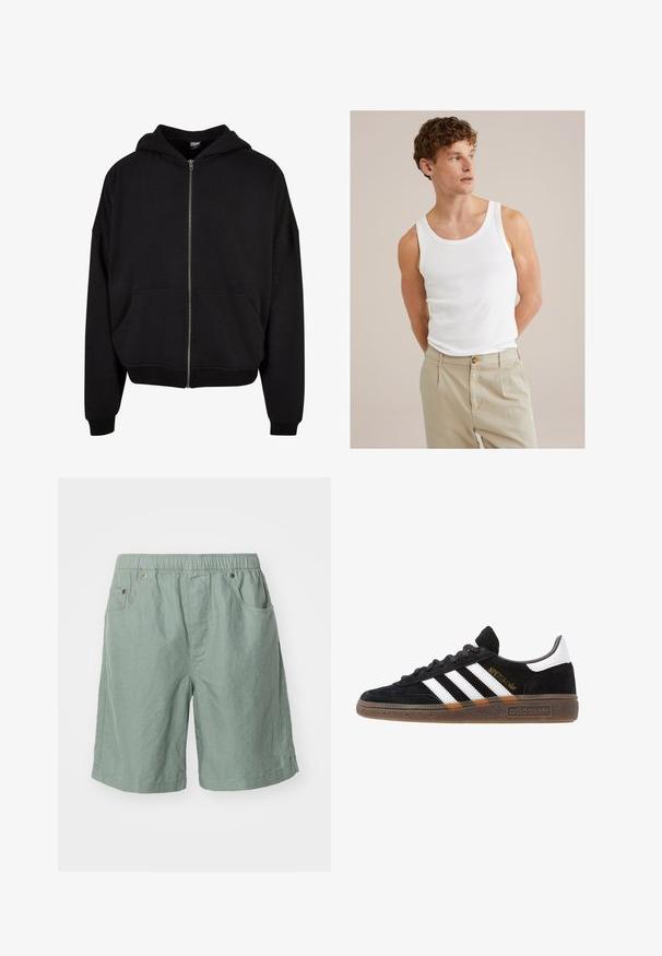 Musta vetoketjullinen huppari, jossa on huppu, pitkät hihat ja kaksi etutaskua. Valmistettu pehmeästä puuvillasekoitekankaasta, jossa on ribbaus hihansuissa ja helmassa.; Valkoinen puuvillapaita, jossa on pyöreä kaula-aukko ja leveät hihnat, yhdistettynä vaaleanbeigeihin housuihin, joissa on nappi ja laskokset.; Vaaleanvihreät lyhyet housut, jotka on valmistettu teksturoidusta kankaasta ja joissa on elastinen vyötärö. Housuissa on kaksi sivutaskua ja vähemmän näkyviä ompelutietoja.; Mustat Adidas-nikeset, joissa on valkoiset raidat, kultaiset "Spezial"-tekstiset, kumipohja ja valkoinen kantapää, esitetty sivuprofiilissa.