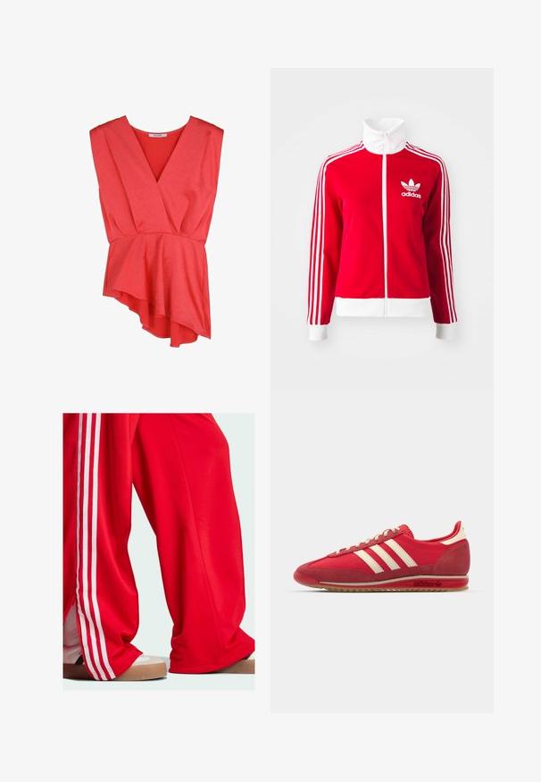 Czerwona kurtka sportowa na zamek, wykonana z gładkiego materiału. Posiada białe akcenty oraz trzy białe paski wzdłuż rękawów. Widoczne logo Adidas.; Czerwona, bezrękawnikowa bluzka z głębokim dekoltem w kształcie litery V i falbanką u dołu. Wykonana z miękkiego materiału o subtelnym wzorze.; Czerwone spodnie dresowe z białymi paskami po bokach, o luźnym kroju i z zamkiem błyskawicznym przy dolnym końcu. Noszone z jasnymi butami sportowymi.; Czerwone sportowe sneakersy z fakturowaną cholewką, trzema białymi paskami, okrągłym noskiem i gumową podeszwą z detalami logo po boku.