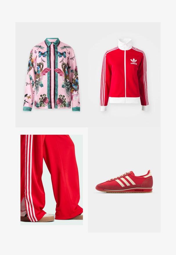 Punane tõmblukuga spordijakk, mis on valmistatud siledast materjalist. Omab valgeid aktsente ja kolme valget triipu disaini varrukatel. Adidas logo on väljas.; Roosa pika varrukaga nööpidega särk, millel on türkiissinine krae ja mansetid, kaunistatud värvikirevate liblikate, mardikate, roosidega, sulgede, pärlite ja türkiissiniste vertikaalsete triipudega.; Punased treeningpüksid valgete triipudega külgedel, lahtise lõikega ja tõmblukk detailiga allservas. Seljas heledates toonides spordijalatsid.; Punane sportlikki king, millel on tekstuuriga ülemine osa, kolm valget triipu, ümmargune varvas ja kummist tallaga, millel on logo detailid küljel.