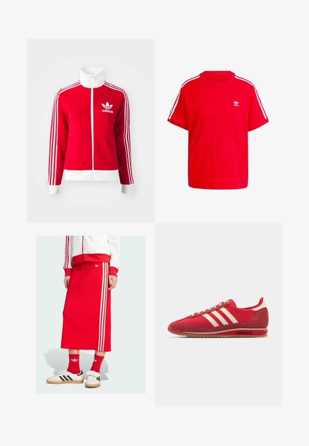 Röd zip-up träningsjacka gjord av ett smidigt material. Har vita detaljer och tre vita randiga mönster längs ärmarna. Adidas-logotypen visas.; Röd bomulls-t-shirt med rund halsringning, korta ärmar, vita tre-strängade detaljer på axlarna och en liten vit logotyp på bröstet.; Röd stickad midiklänning med tre vita ränder längs sidan, tillsammans med vita sneakers och röda strumpor, som visar upp en sportig design.; Röd sportig sneakers med en strukturerad ovandel, tre vita ränder, rund tå och en gummisula med logotypdetalj på sidan.