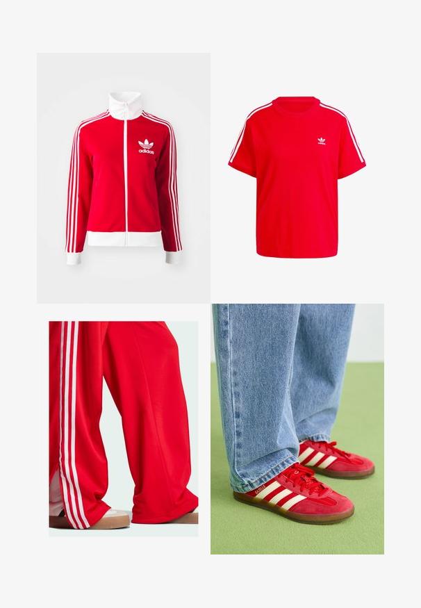 Sarkans zip-up sporta džemperis, izgatavots no gludas materiāla. Tam ir balti akcenti un trīs baltas svītras gar piedurknēm. Adidas logo ir redzams.; Sarkans kokvilnas T-krekls ar apaļu kakla izgriezumu, īsām piedurknēm, baltām trīs svītrām plecos un mazu baltu logotipu uz krūtīm.; Sarkani sporta bikses ar baltām svītrām pa sāniem, kas izceļas ar brīvu piegriezumu un rāvējslēdzēja detaļu apakšmalā. Kopā ar gaišas krāsas sporta apaviem.; Sarkani zamšaini sporta apavi ar trim baltām svītrām, apaļi purngali un teksturēts zole, saskaņoti ar gaiši ziliem džinsiem uz zaļas fona.