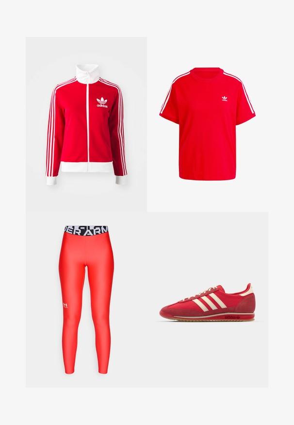 Rode ritsjack gemaakt van glad materiaal. Kenmerkt zich door witte accenten en drie witte streep ontwerpen langs de mouwen. Adidas logo weergegeven.; Rode katoenen t-shirt met een ronde halslijn, korte mouwen, witte drie-strepen accenten op de schouders en een klein wit logo op de borst.; Rode legging gemaakt van een gladde, rekbare stof met een zwarte tailleband waarop "UNDER ARMOUR" in het wit staat. Klein logo op het onderbeen.; Rode sportieve sneaker met een gestructureerde bovenzijde, drie witte strepen, ronde neus en een rubberen zool met logo-details aan de zijkant.