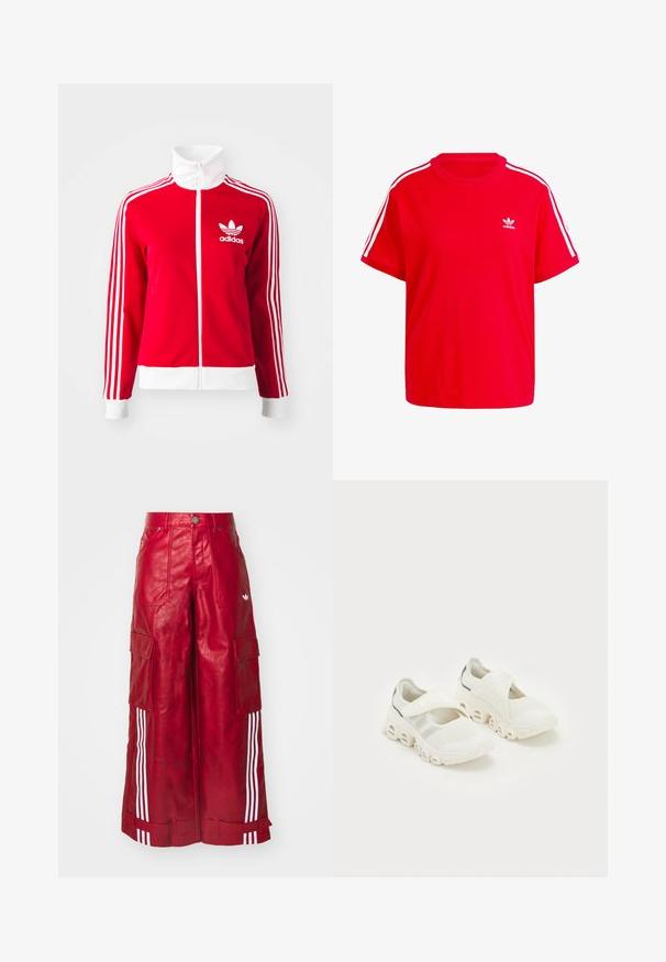 Rød jakke med glidelås laget av glatt materiale. Har hvite detaljer og tre hvite striper langs ermene. Adidas-logoen er vist.; Rød bomulls t-skjorte med rund hals, korte ermer, hvite tre-stripes detaljer på skuldrene, og en liten hvit logo på brystet.; Røde lær cargo bukser med bred ben, høy midje, knappestenging, sidelommer og tre hvite striper langs bena.; Hvit mesh atletisk sko med borrelås, polstret ankelstøtte og et karakteristisk buet såledesign med hulrom.